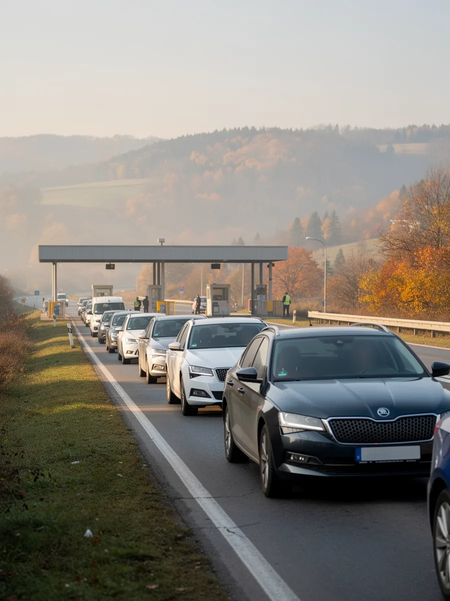 Rad osobných áut na ceste pred hraničným priechodom na východe Slovenska v jesennom ráne